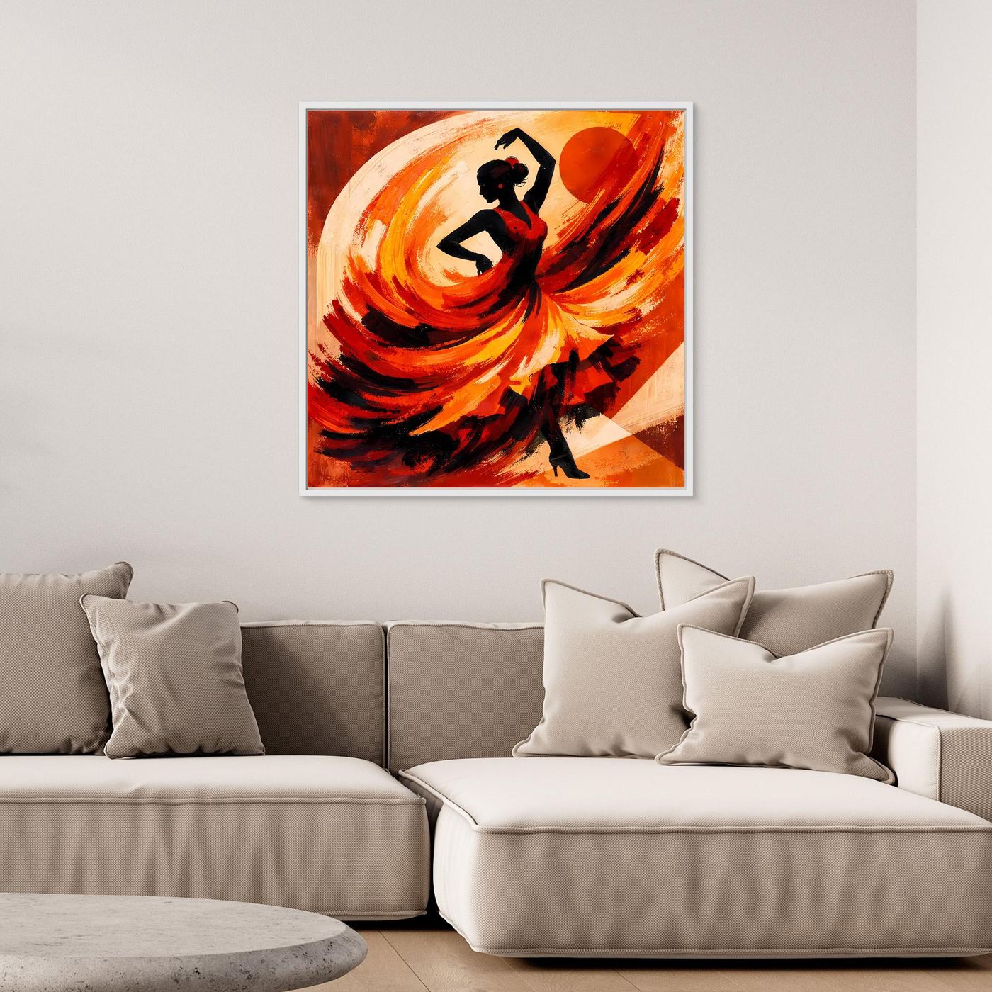 Gerahmtes Leinwandbild mit Flamenco-Tänzerin: schwarze Figur, rote und orange Farbwirbel
