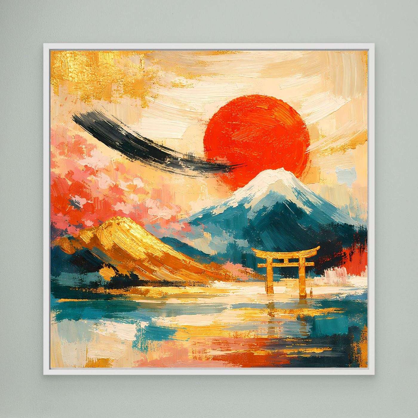 Gerahmtes Leinwandbild: Torii-Tor vor Fuji, roter Sonnenkreis, weißer Rahmen