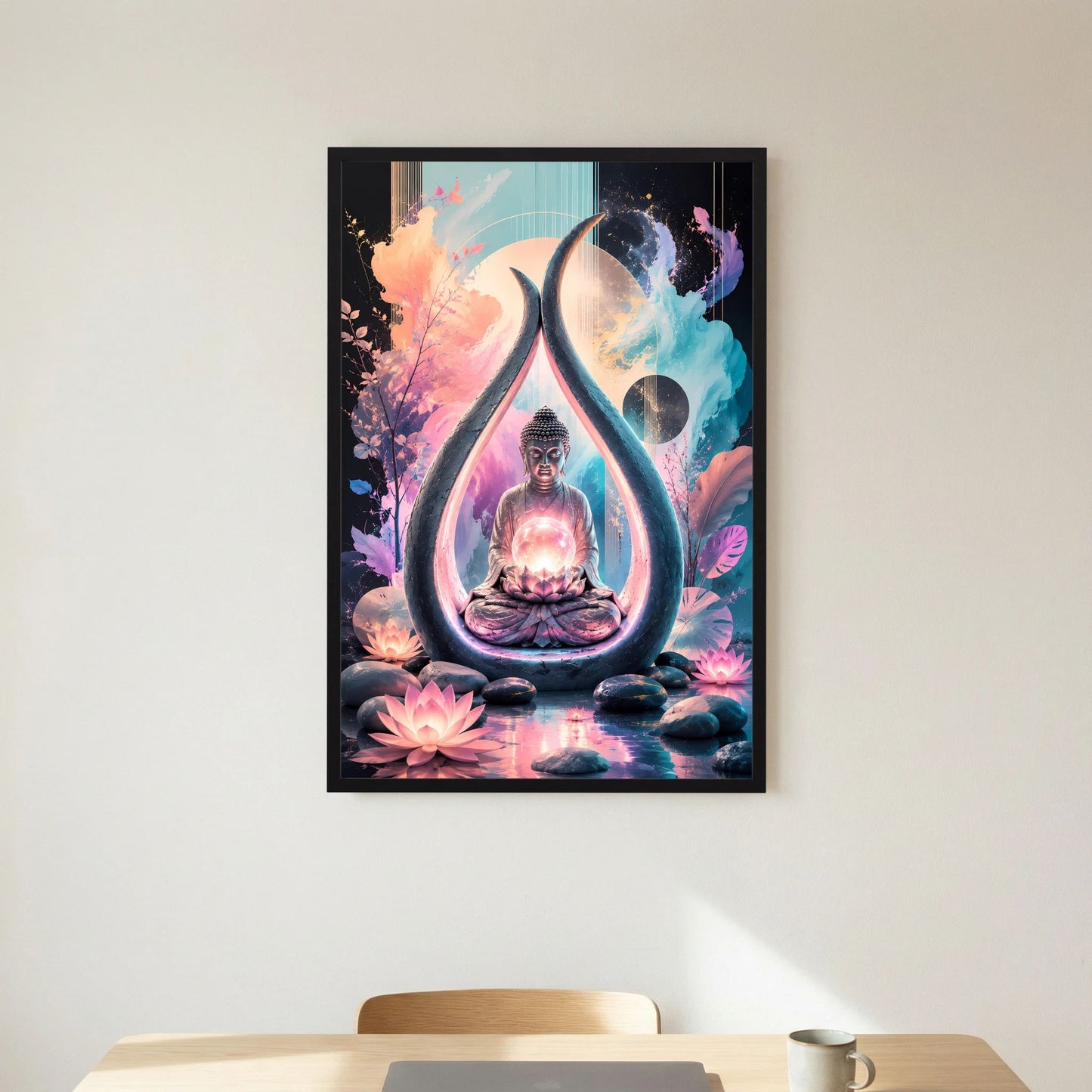 Hochformat-Poster mit Buddha-Skulptur im Lotussitz, tropfenförmiges Leuchtmotiv und Blumen