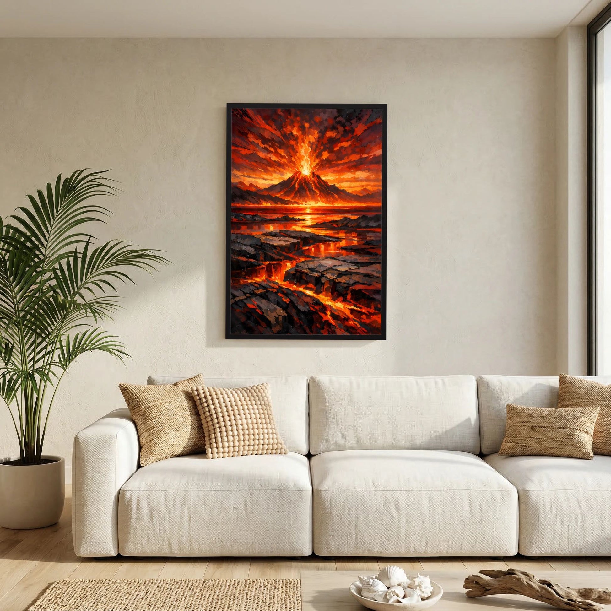 Hochformat-Poster mit schwarzem Rahmen: glühender Vulkan mit Lava und orangefarbenem Himmel