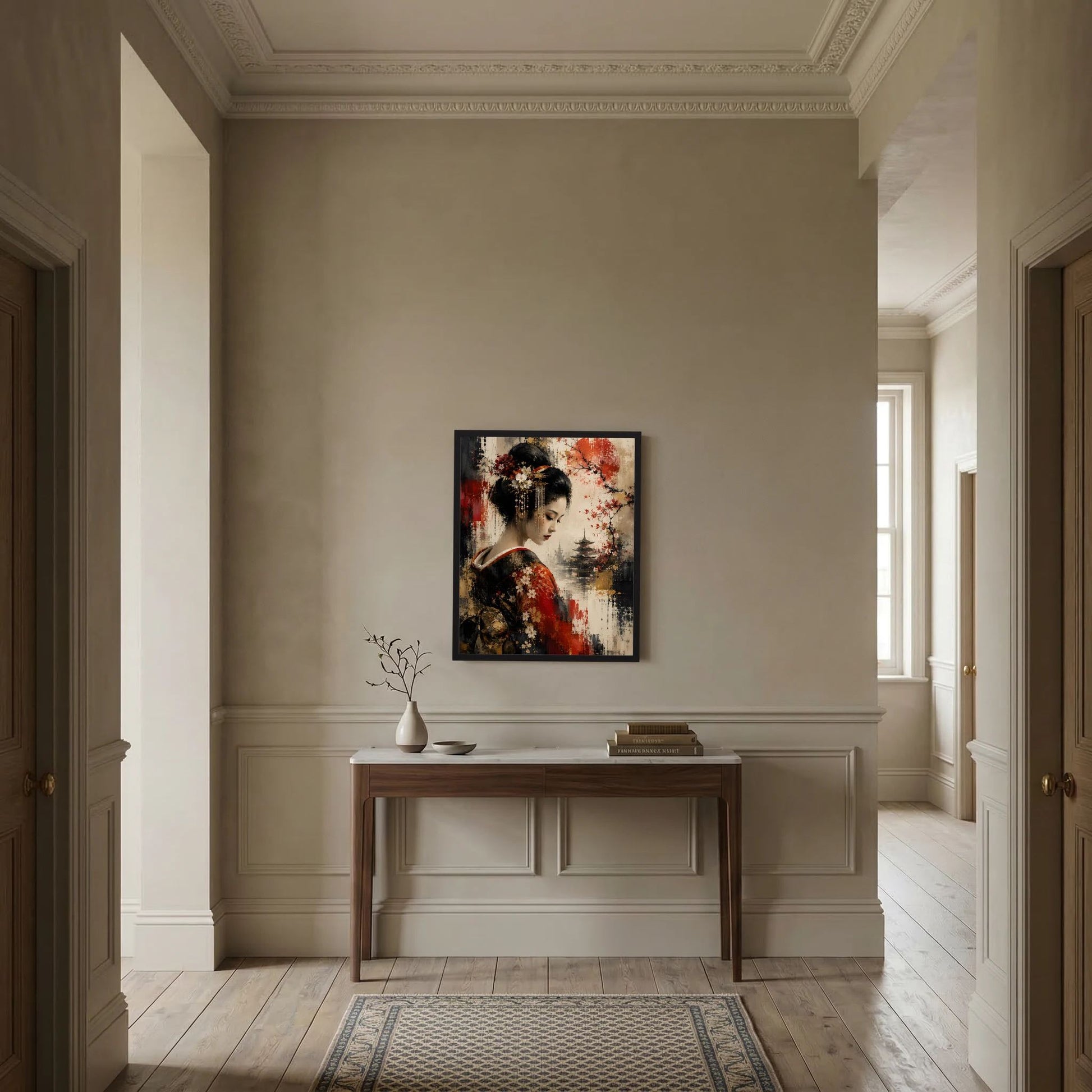 Gerahmtes Kunstposter im Hochformat: Geisha mit schwarzem Haar, Kirschblüten, Pagode