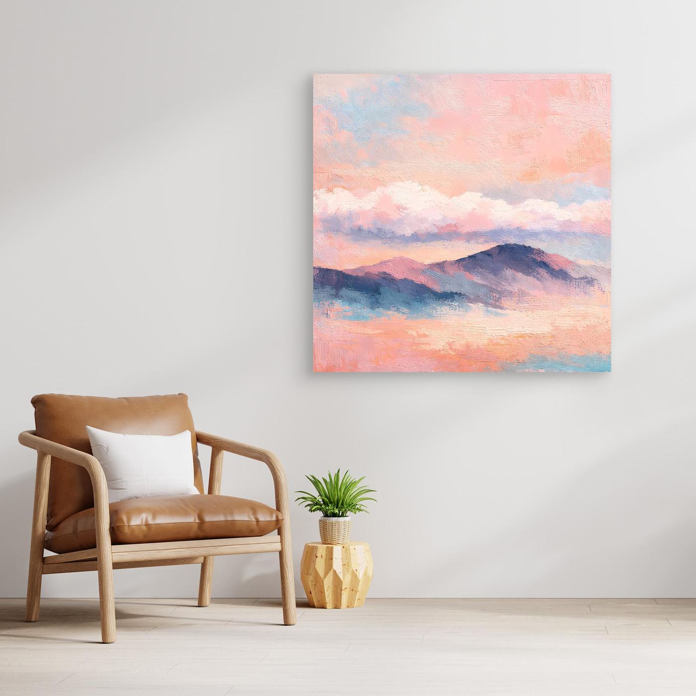 Leinwand-Wandbild mit pastellfarbener Bergkette und wolkigem Himmel, ohne Rahmen