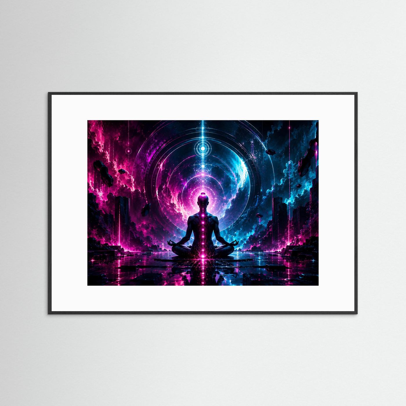 Meditation Poster Neon | Chakra Wandbild Modern | Spirituelle Kosmische Kunst | Abstrakte Energie Meditation | Leinwand Yoga Deko