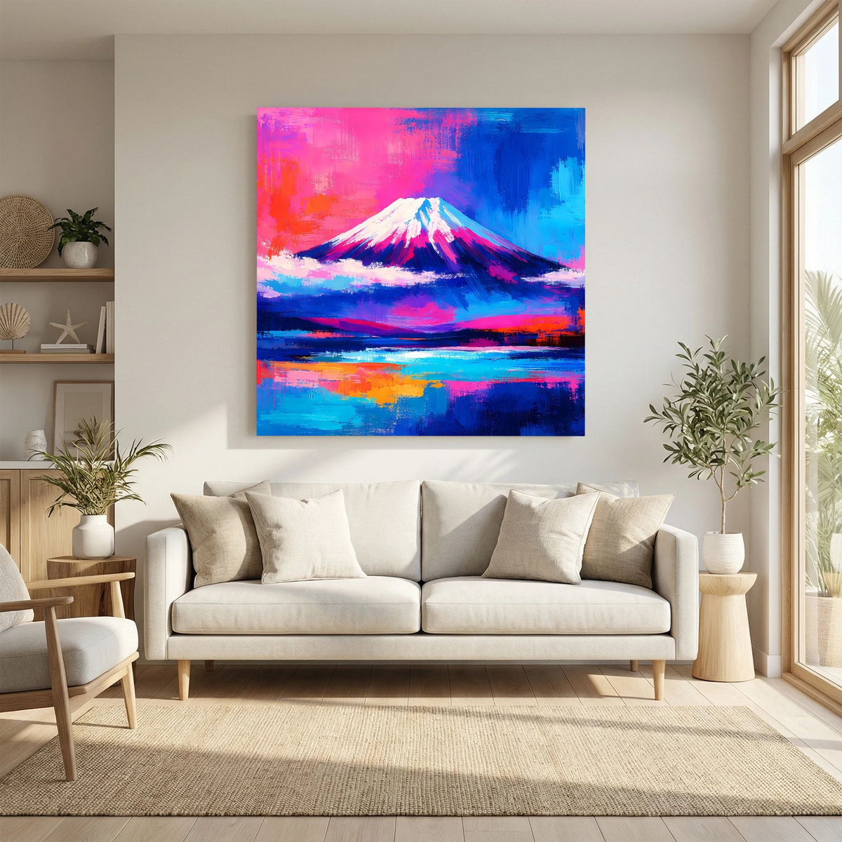 Leinwandbild mit Fuji-bergartiger Silhouette, blau-rosa Himmel und leuchtendem Wasser