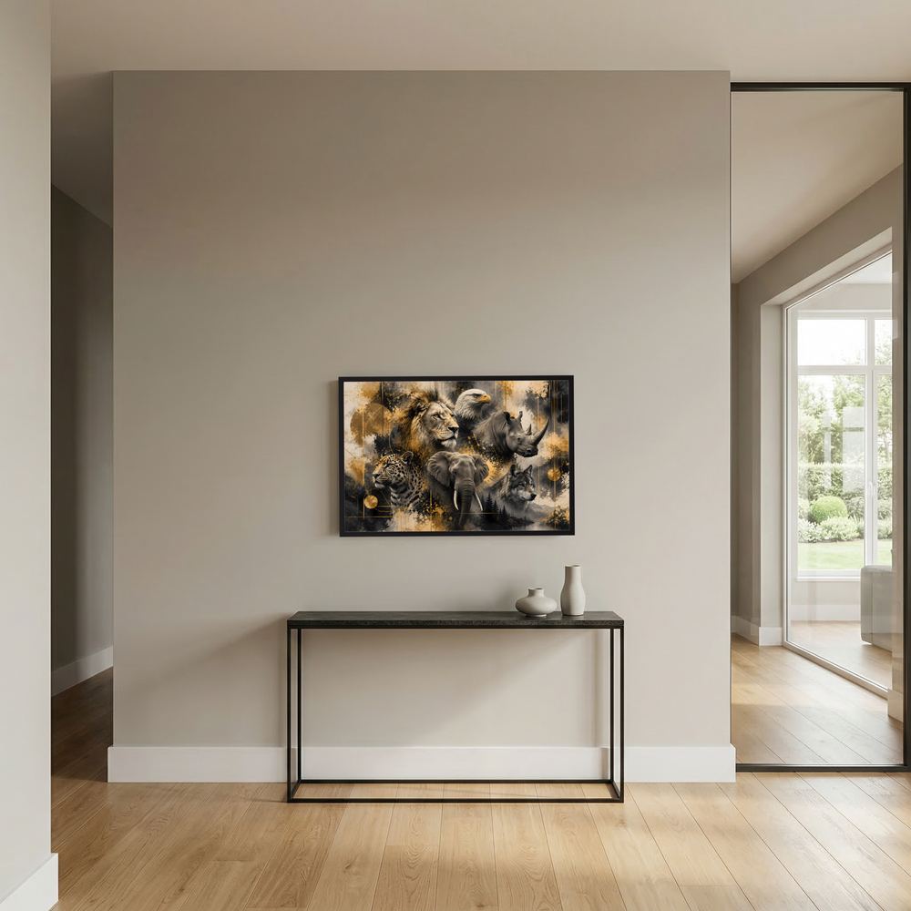 Tierposter im Querformat mit Löwe, Elefant, Wolf, Adler, Nashorn im Gold-Schwarz-Stil, schwarz gerahmt