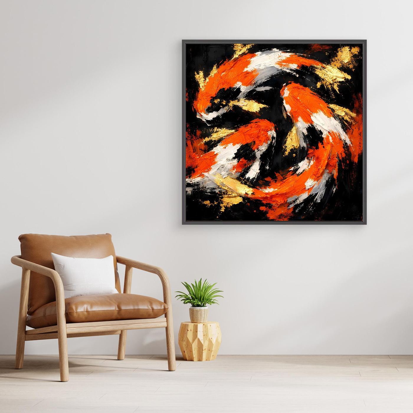 Leinwand Dynamische Koi-Karpfen | Abstraktes Yin Yang Wandbild Gold Orange