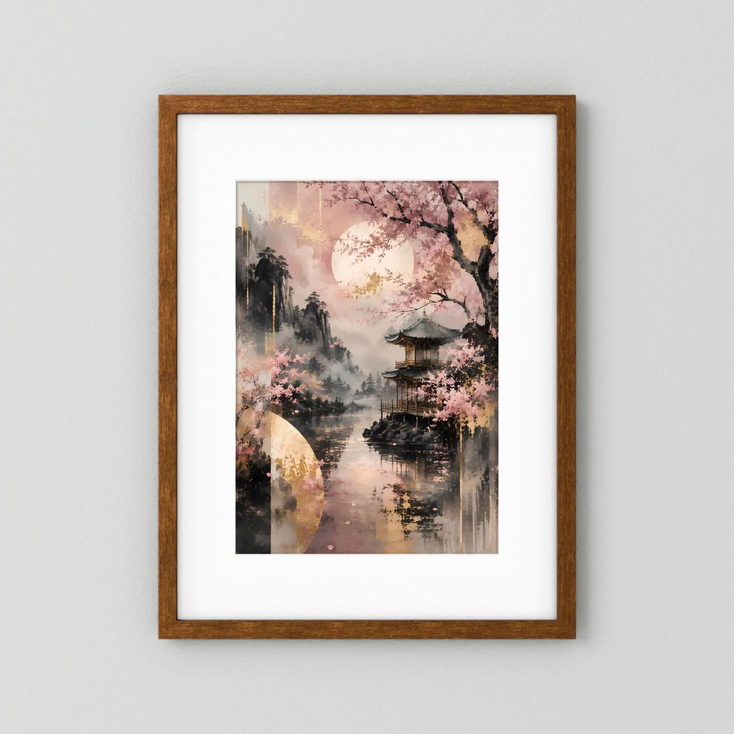 Poster im Hochformat mit Kirschblüten und Tempel am See, brauner Holzrahmen