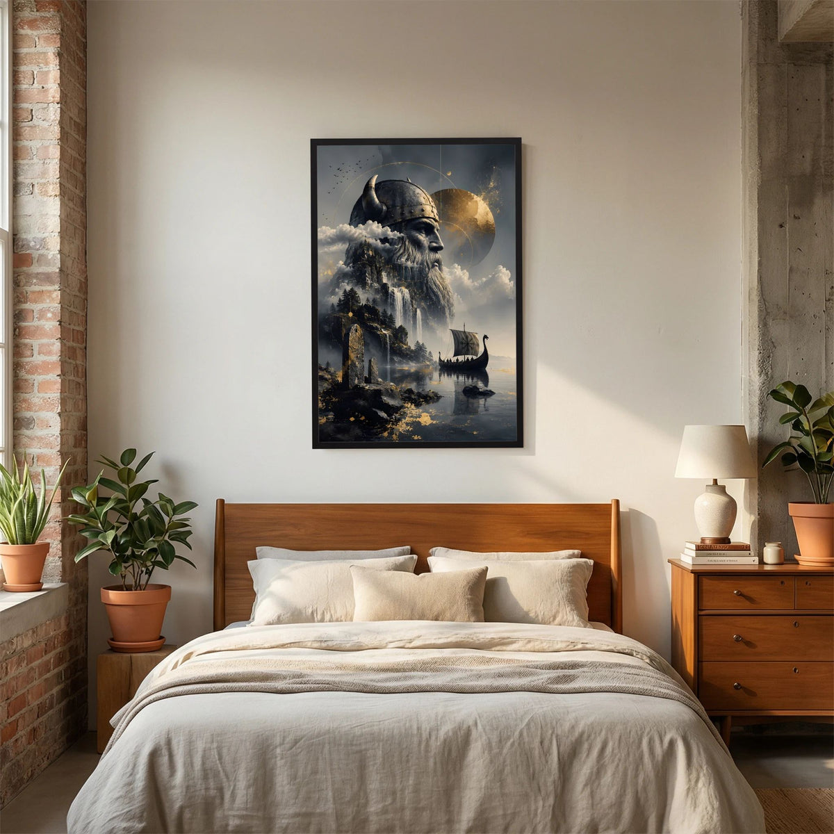Hochformatiges Poster im Holzrahmen: Wikingerkriegerkopf über Wasserfall und Fjord