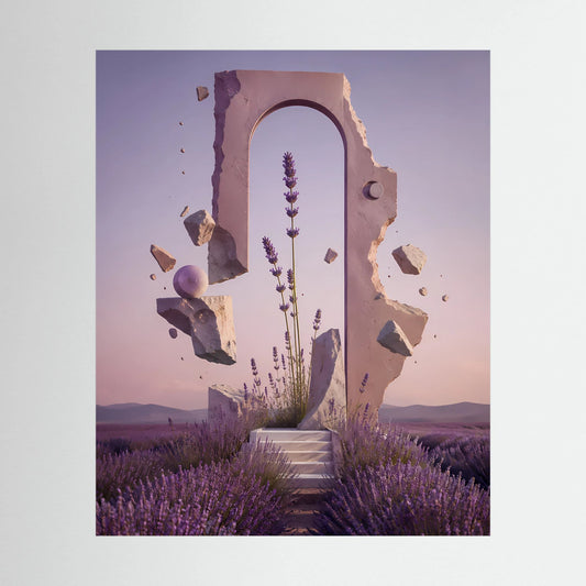 Hochformat-Poster mit Lavendelportal: Portalbogen, violette Blüten und Treppe