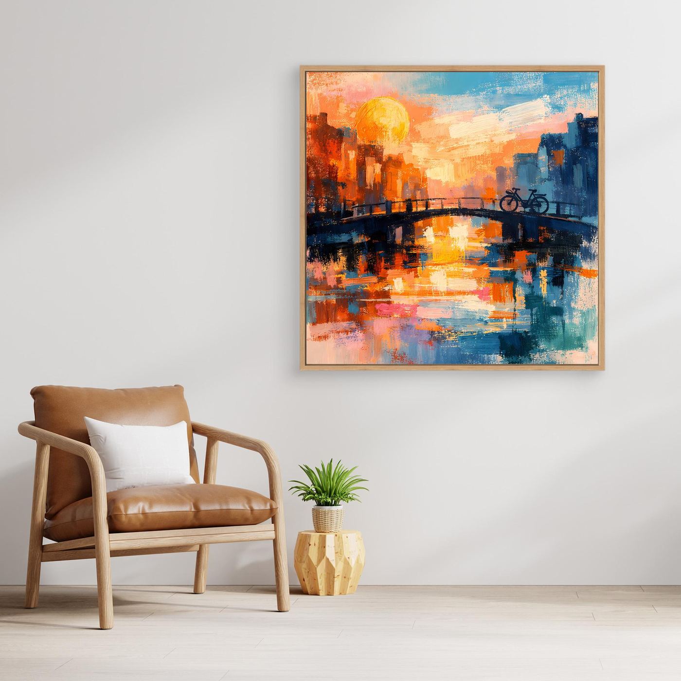 Leinwand Abstraktes Amsterdam Gemälde | Modernes Romantisches Grachten Wandbild mit Fahrrad