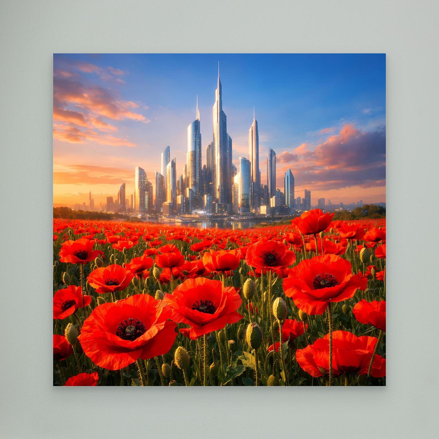 Leinwandbild mit roten Mohnblumen und futuristischer Skyline, ohne sichtbaren Rahmen