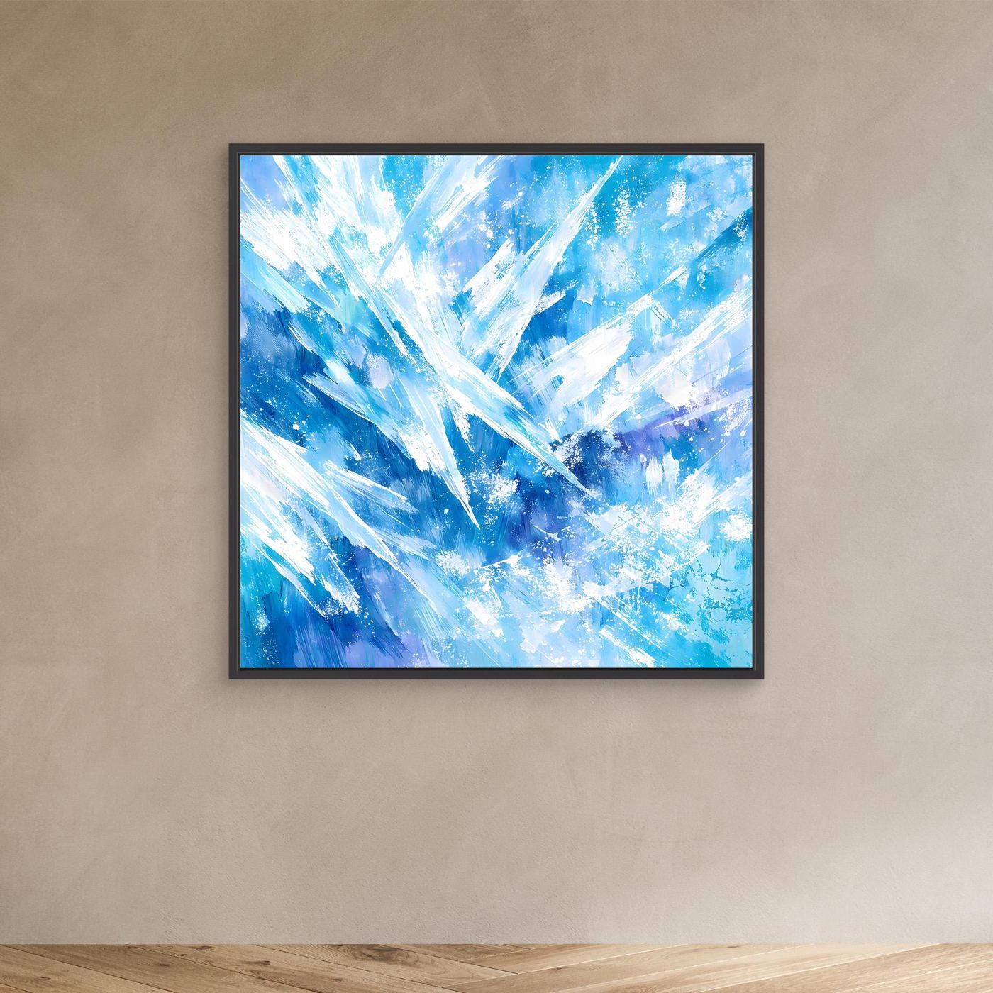 Quadratisches Leinwand-Wandbild mit blauem Eis- und Kristallmuster, schwarzer Rahmen