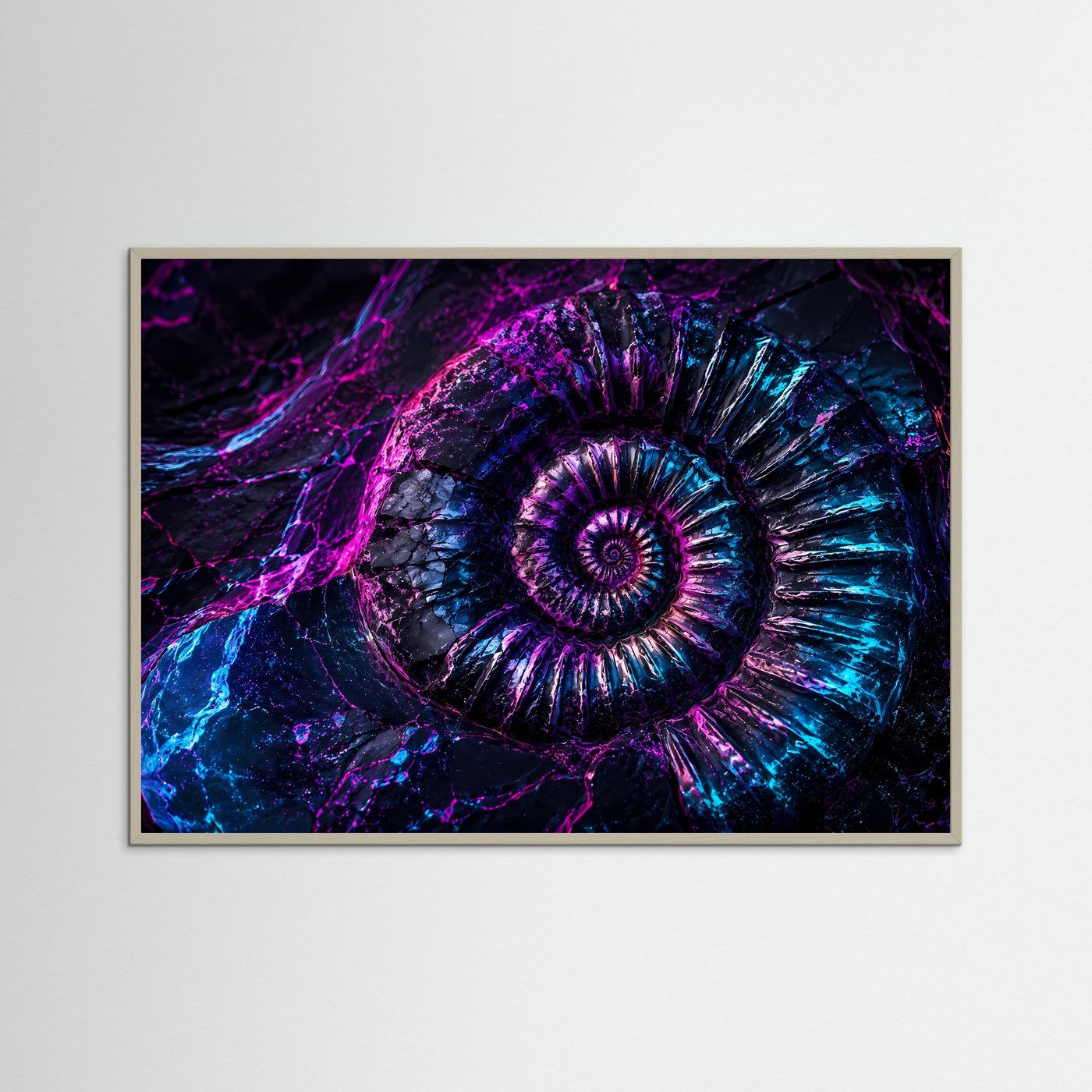 Neon Ammonit Fossil | Abstrakte Muschel in Lila & Blau