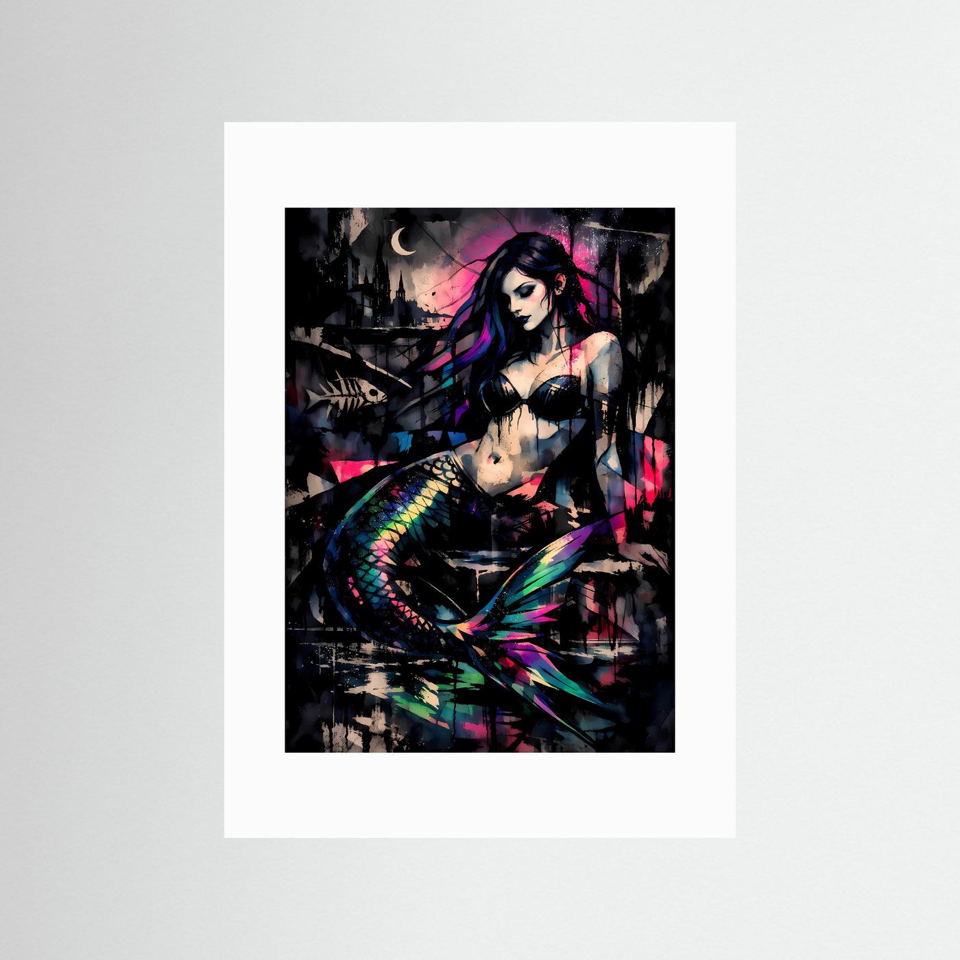 The Dark Mermaid | Luxuriöses Meerjungfrauen Poster Bunt & Schwarz | Abstraktes Sirenen Kunstposter Hochformat