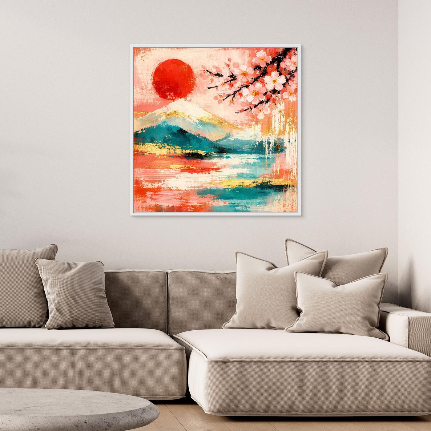 Abstraktes Leinwandbild mit roter Sonne, Kirschblüten und Landschaftsmotiv im weißen Rahmen