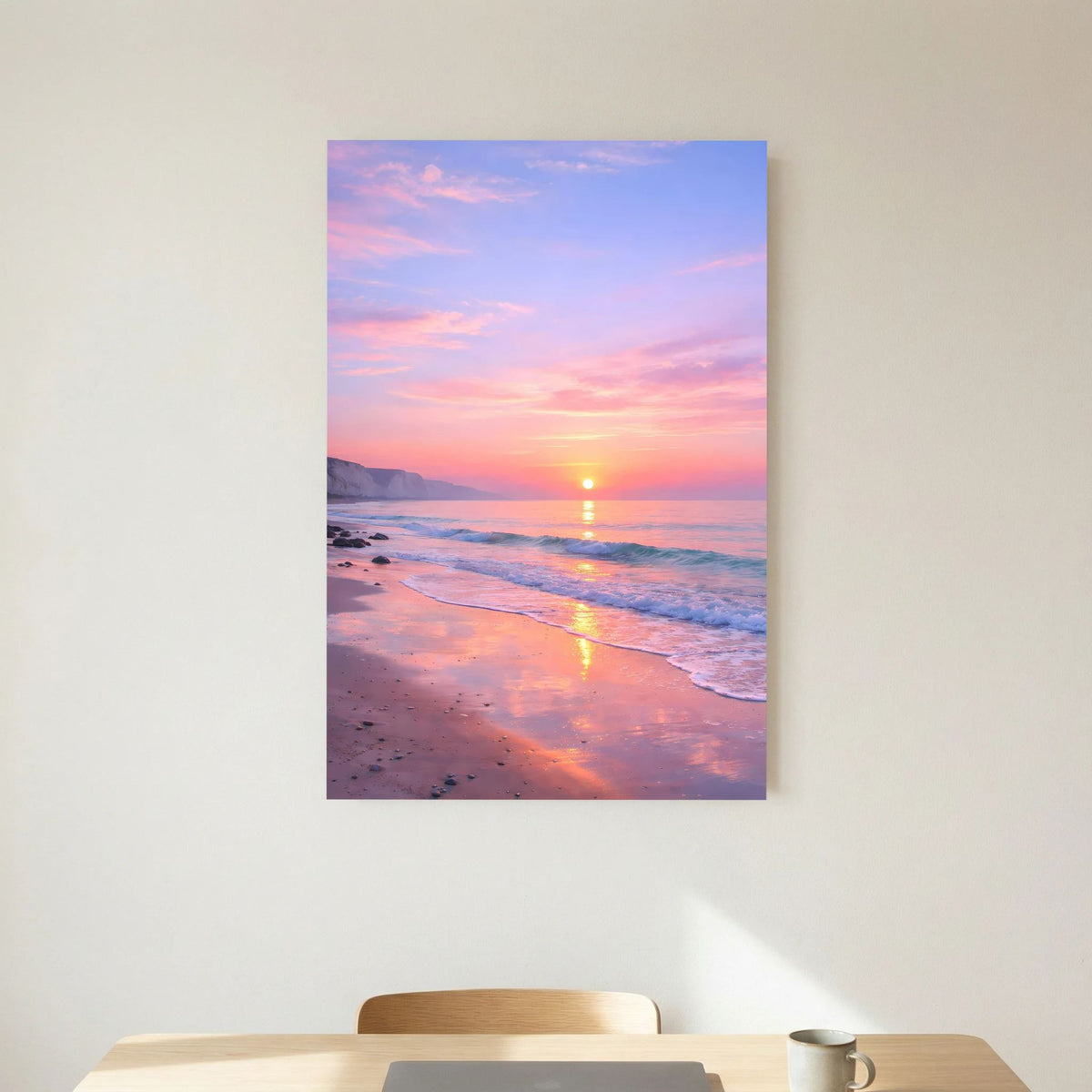 Hochformatiges Poster mit Sonne über dem Meer, sanfte Pastellfarben und glänzender Strandlinie