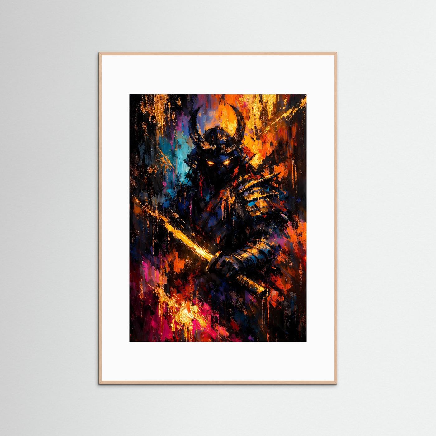 Gerahmtes Samurai-Kunstposter mit hellem Rahmen: Krieger mit leuchtendem Schwert, dynamische Farbflächen.