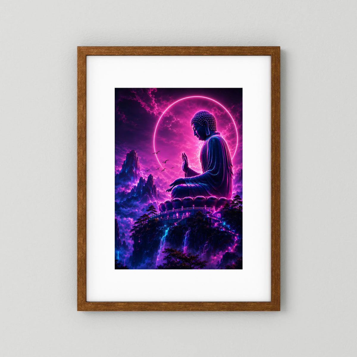 Neon-Buddha-Poster im braunen Holzrahmen, sitzender Buddha mit leuchtendem Kreis