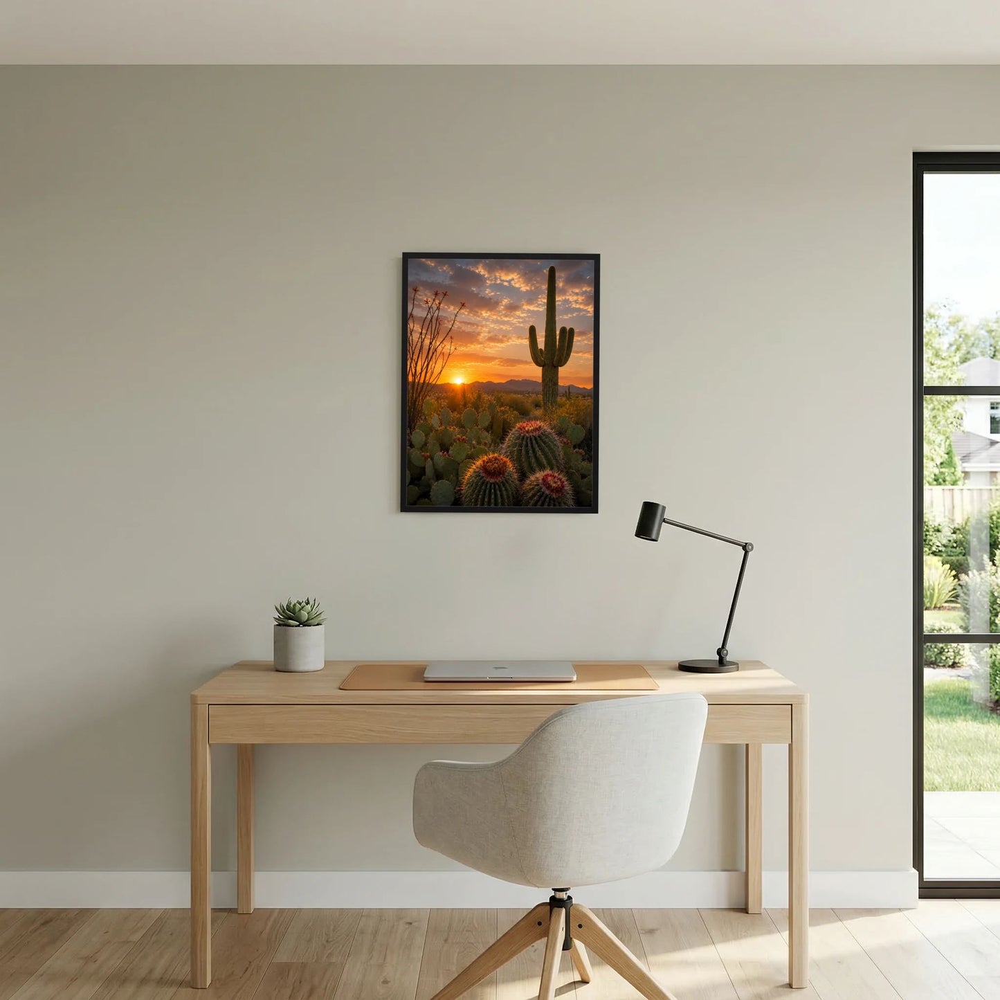 Schwarz gerahmtes Poster mit Saguaro-Kaktus und Sonnenuntergang