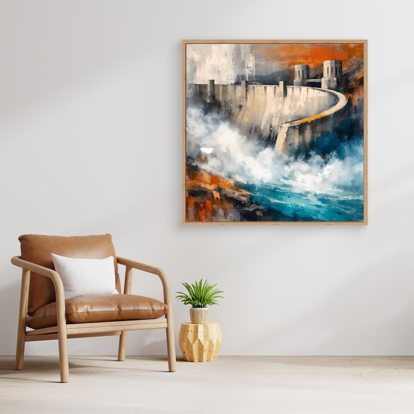 Gerahmtes abstraktes Leinwand-Wandbild mit Talsperre, blau-graue und orange Akzente, Eiche
