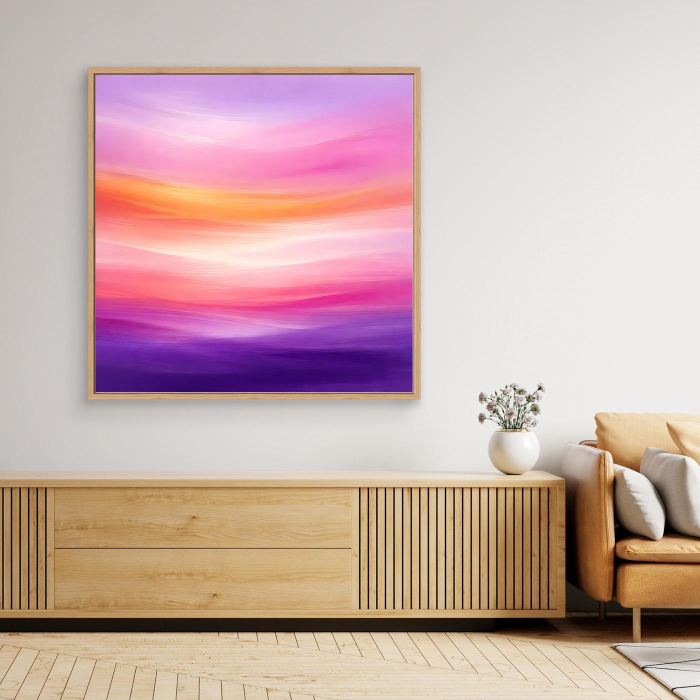 Abstraktes Leinwandbild mit Pastellviolett, im goldenen Rahmen