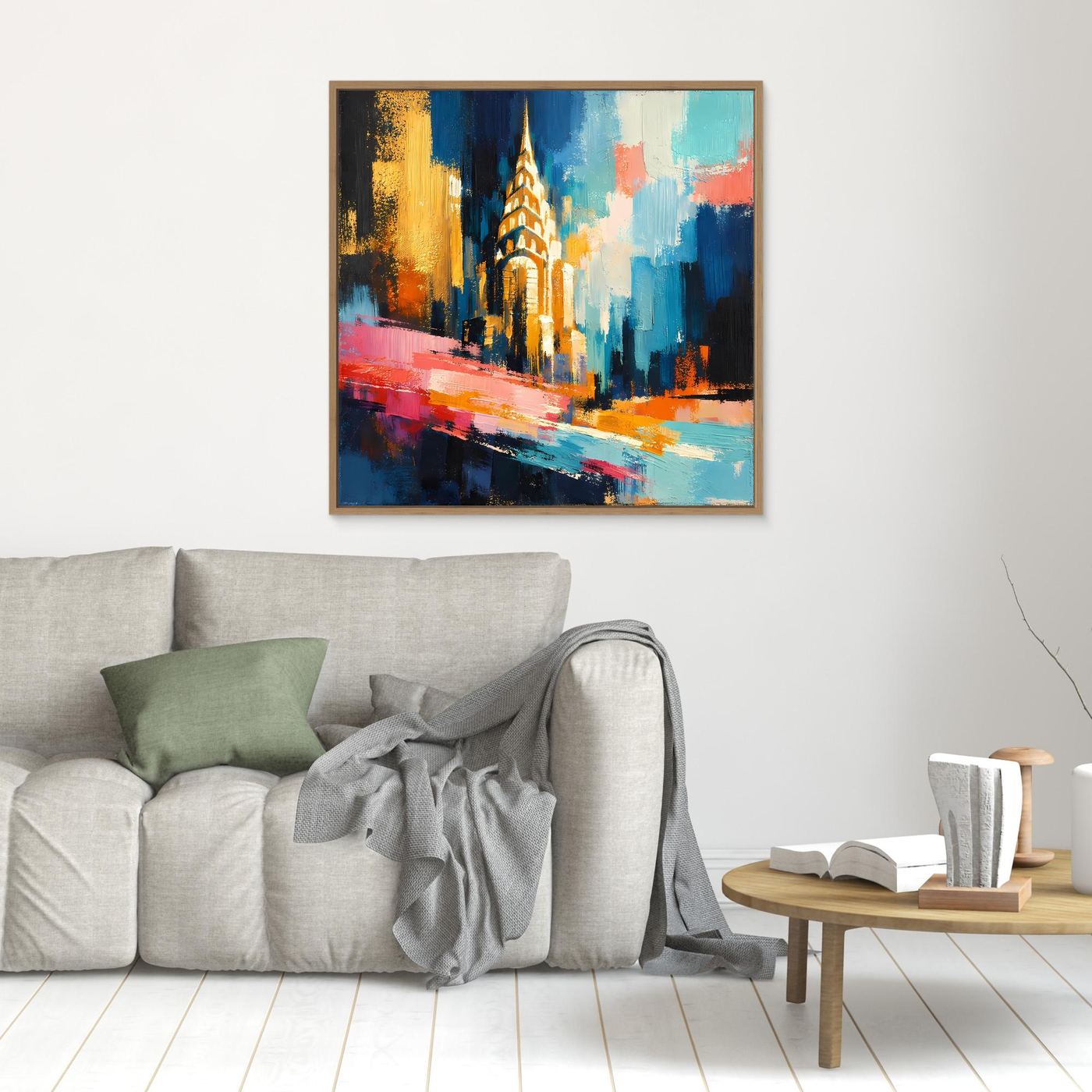 Kleines Leinwand-Abstraktbild mit Turm und Farbbalken, goldbrauner Rahmen