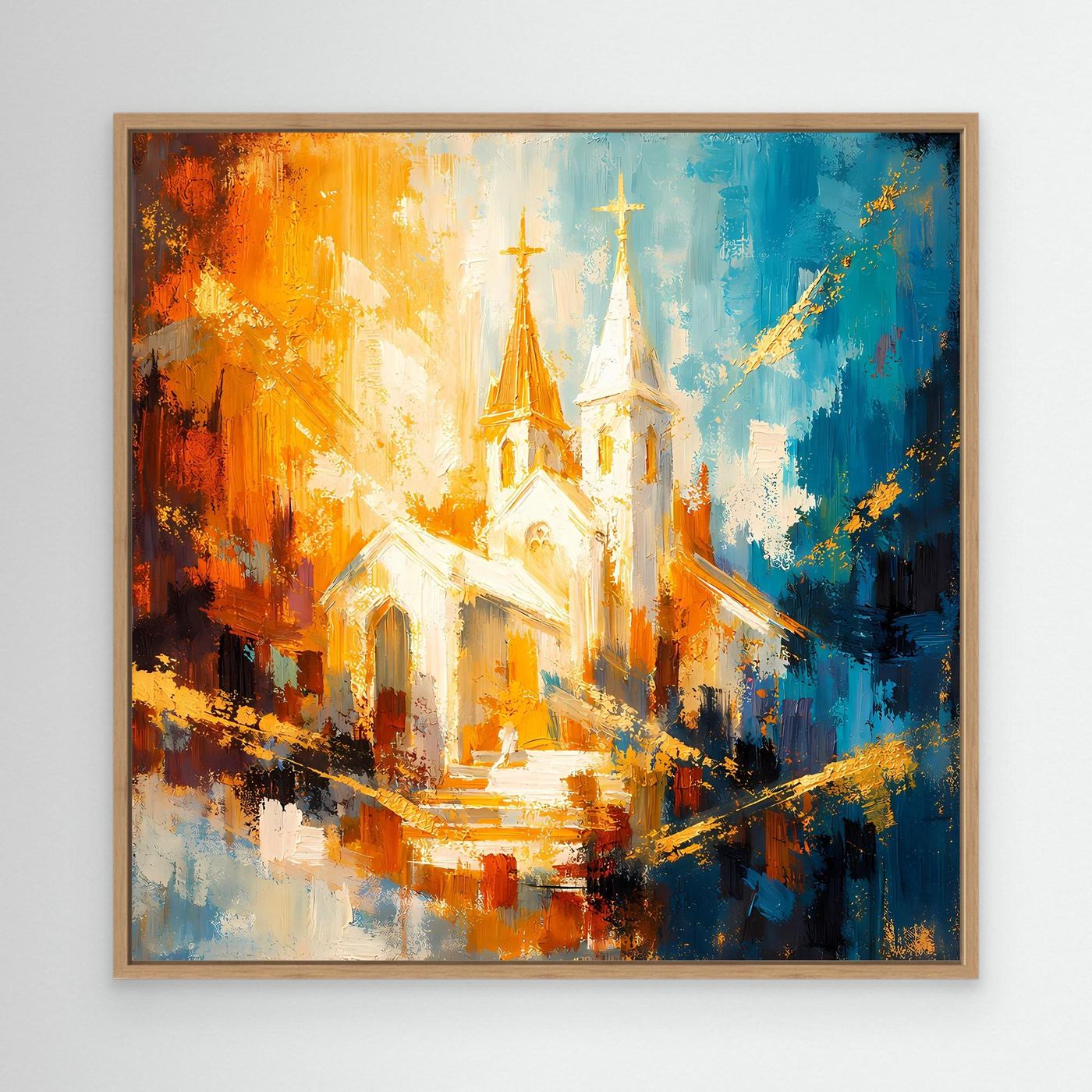 Leinwandbild mit abstrakter Kirche in Orange- und Blautönen, Eichenrahmen