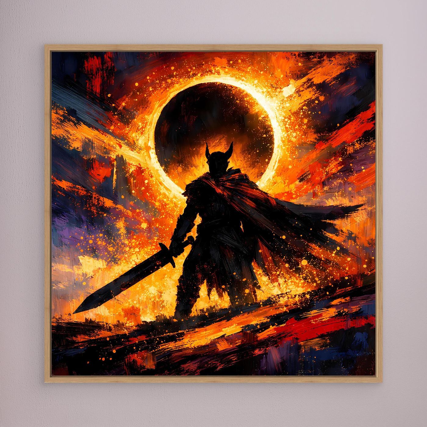 Gerahmtes Fantasy-Wandbild: dunkler Ritter als Silhouette vor leuchtendem Sonnenfinsternis-Halo