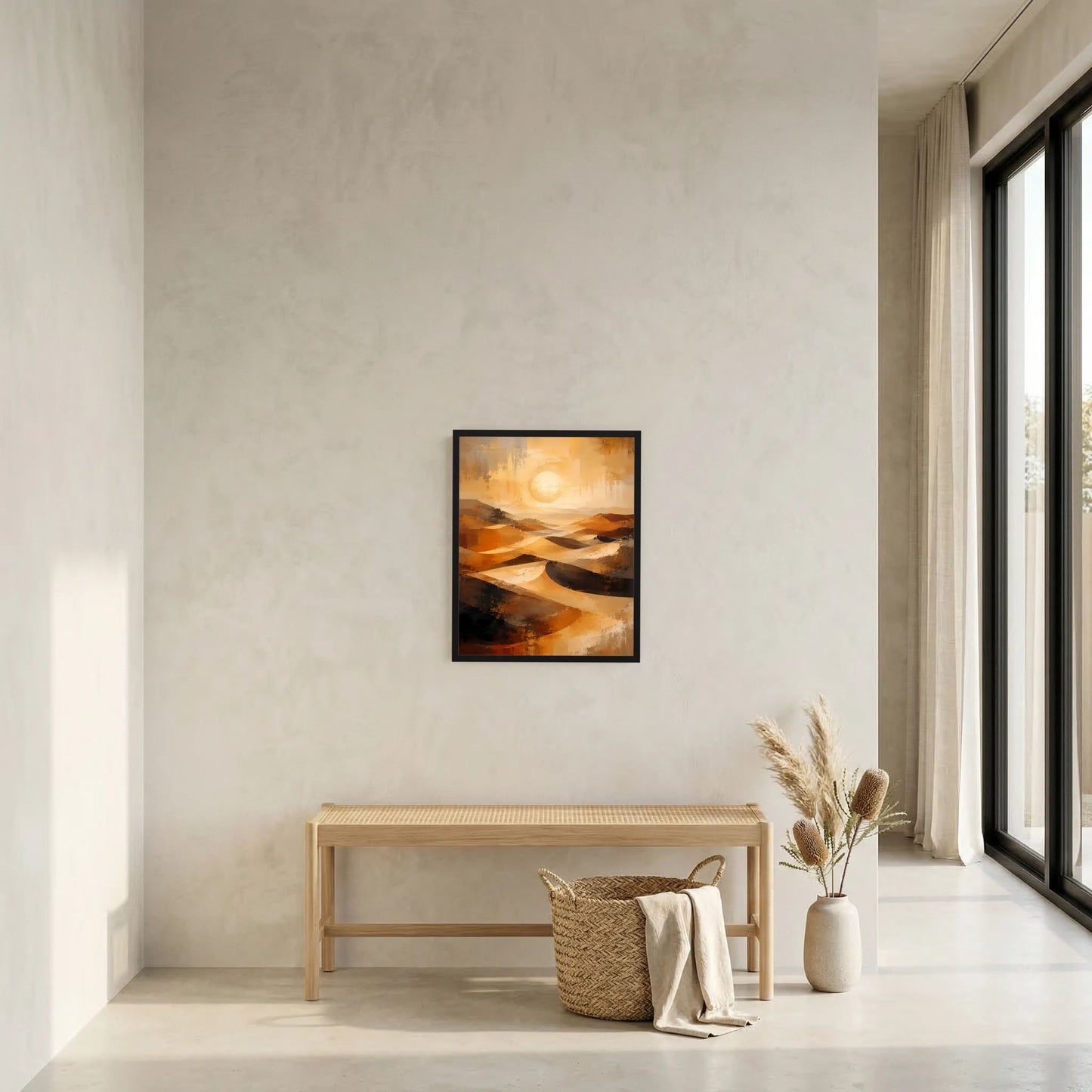 Kleines gerahmtes Wüsten-Poster in Gold und Orange mit Kreis-Sonne und Dünen.