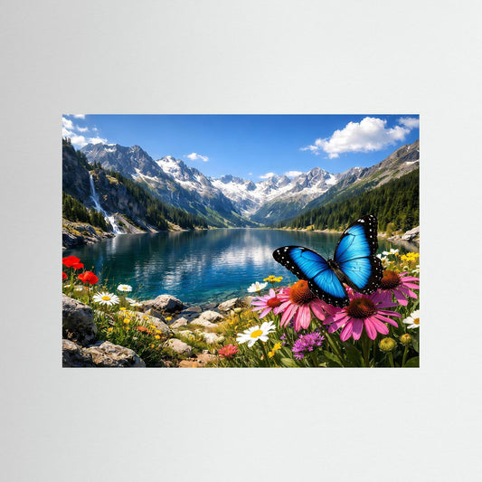 Panorama-Poster mit Alpensee, blauem Schmetterling und bunten Wildblumen, ohne Rahmen