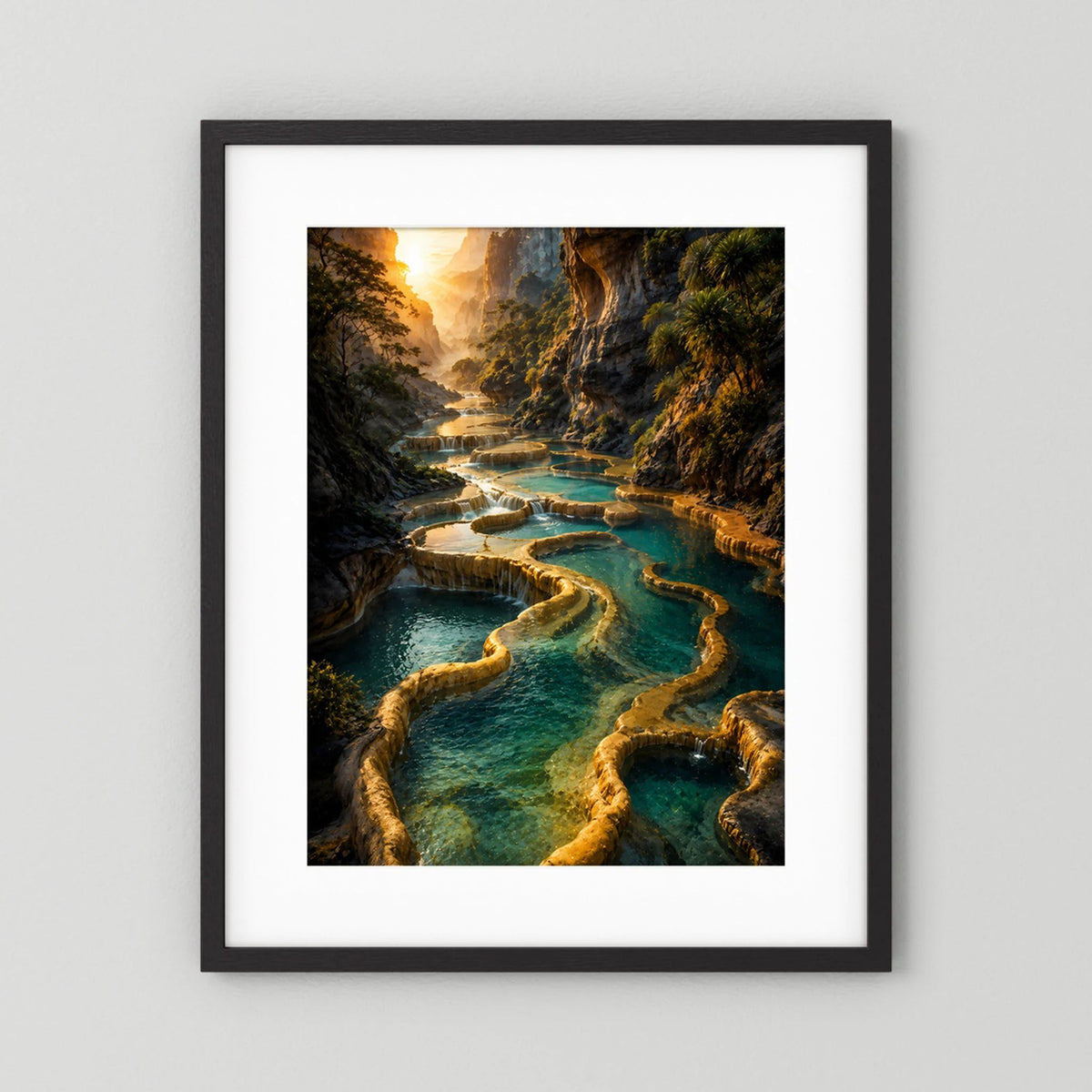 Poster im Hochformat mit schwarzem Rahmen und weißem Passepartout: türkisfarbene Wasserlinien.