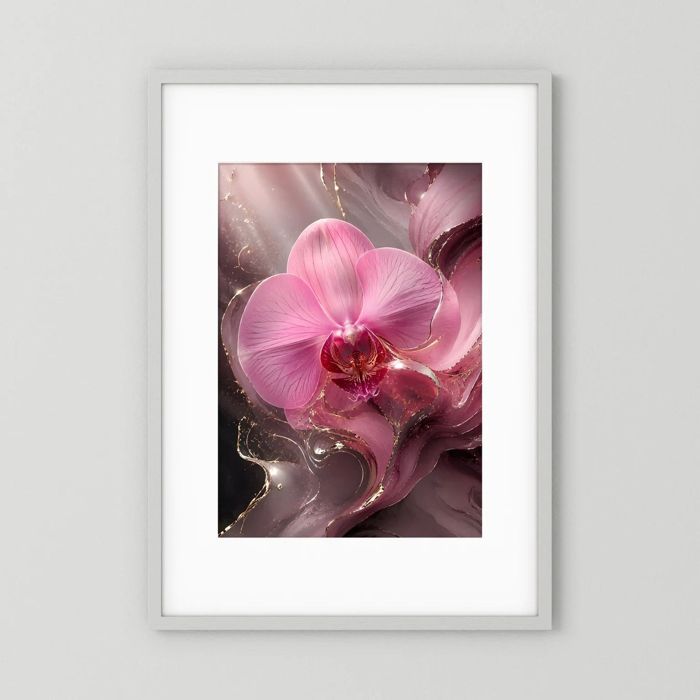Hochformatiges Orchideenposter mit rosafarbener Blüte und goldenen Akzenten im Rahmen