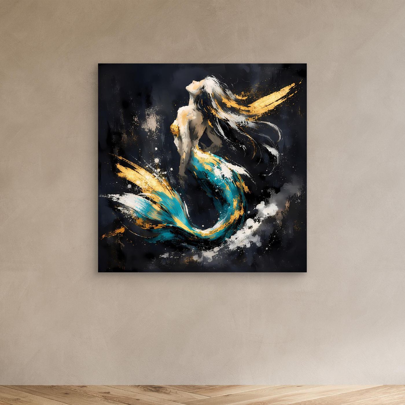Leinwand Elegante Meerjungfrau in Türkis und Gold | Modernes Fantasy Wandbild