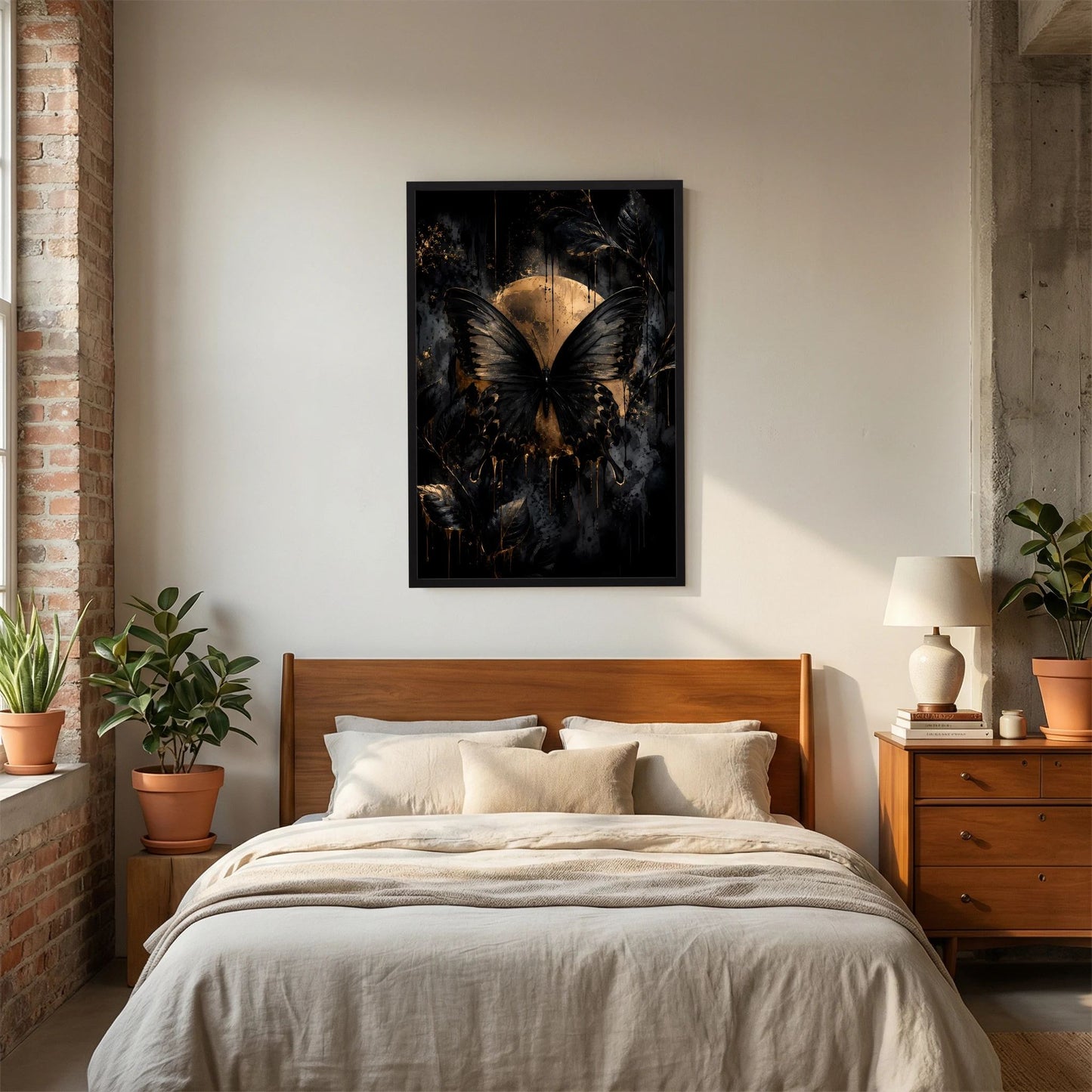 Hochformat-Poster im schwarzen Rahmen, schwarzer Schmetterling mit goldener Lichtscheibe