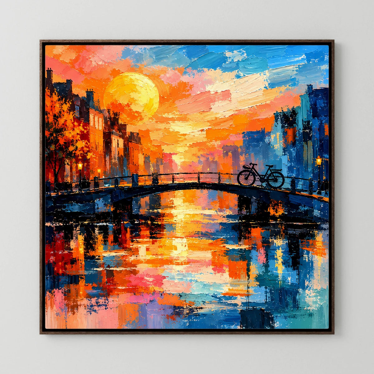 Leinwand Abstraktes Amsterdam Gemälde | Modernes Romantisches Grachten Wandbild mit Fahrrad