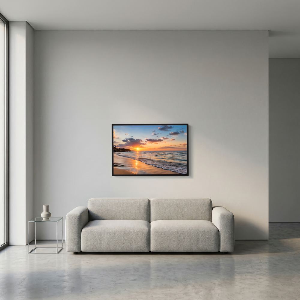 Wandposter Querformat: Strand bei Sonnenuntergang im dunklen Rahmen