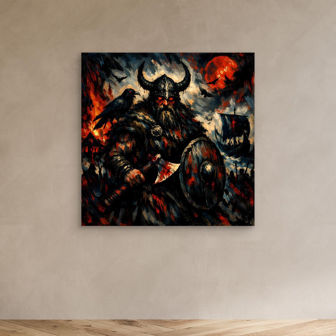 Leinwand Düsterer Wikinger-Krieger unter dem Blutmond | Expressives Nordmann Wandbild