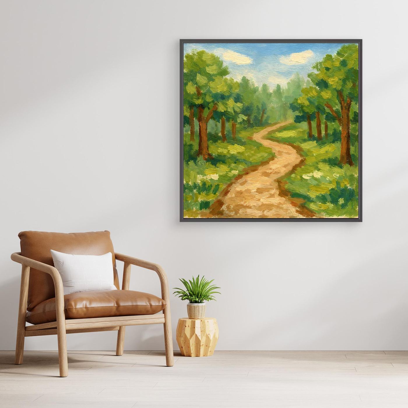 Leinwandbild mit impressionistischem Waldweg im Grünen, schwarzer Rahmen