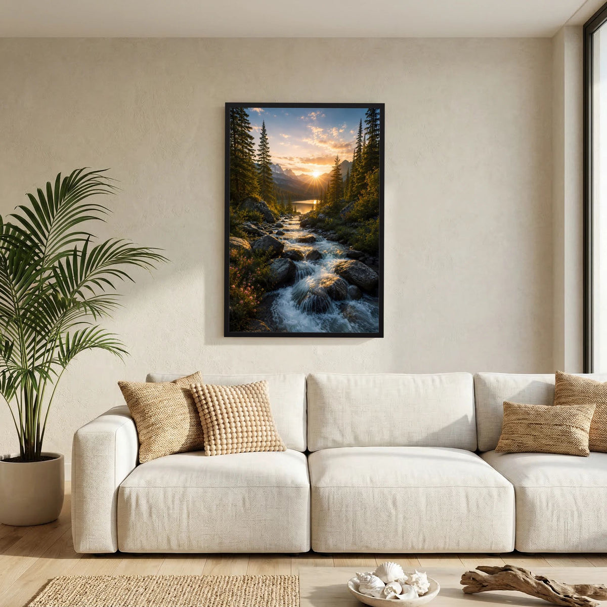 Hochformat-Poster im schwarzen Rahmen mit Waldtal und Fluss bei aufgehender Sonne.