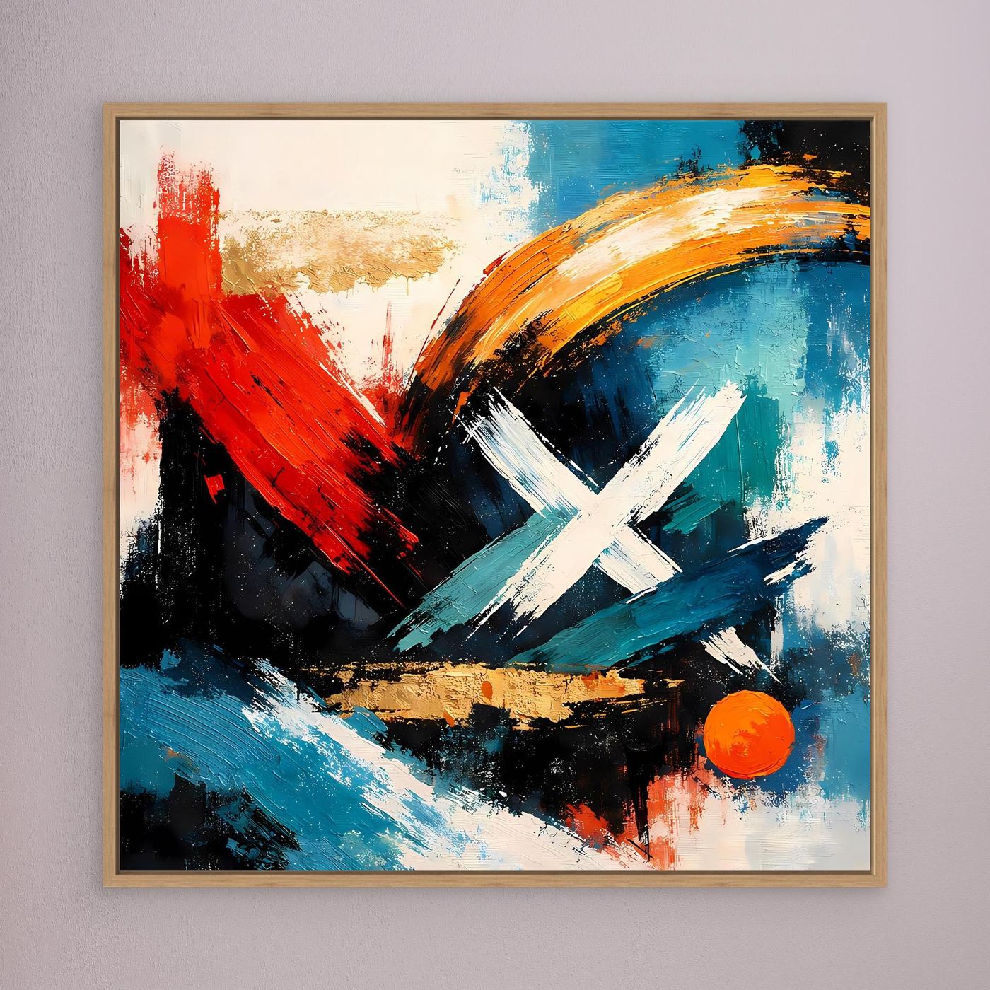 Abstraktes Leinwandbild mit goldenen Bögen, rotem Pinselstrich, blauem Grund, weißem X und orangefarbenem Punkt.