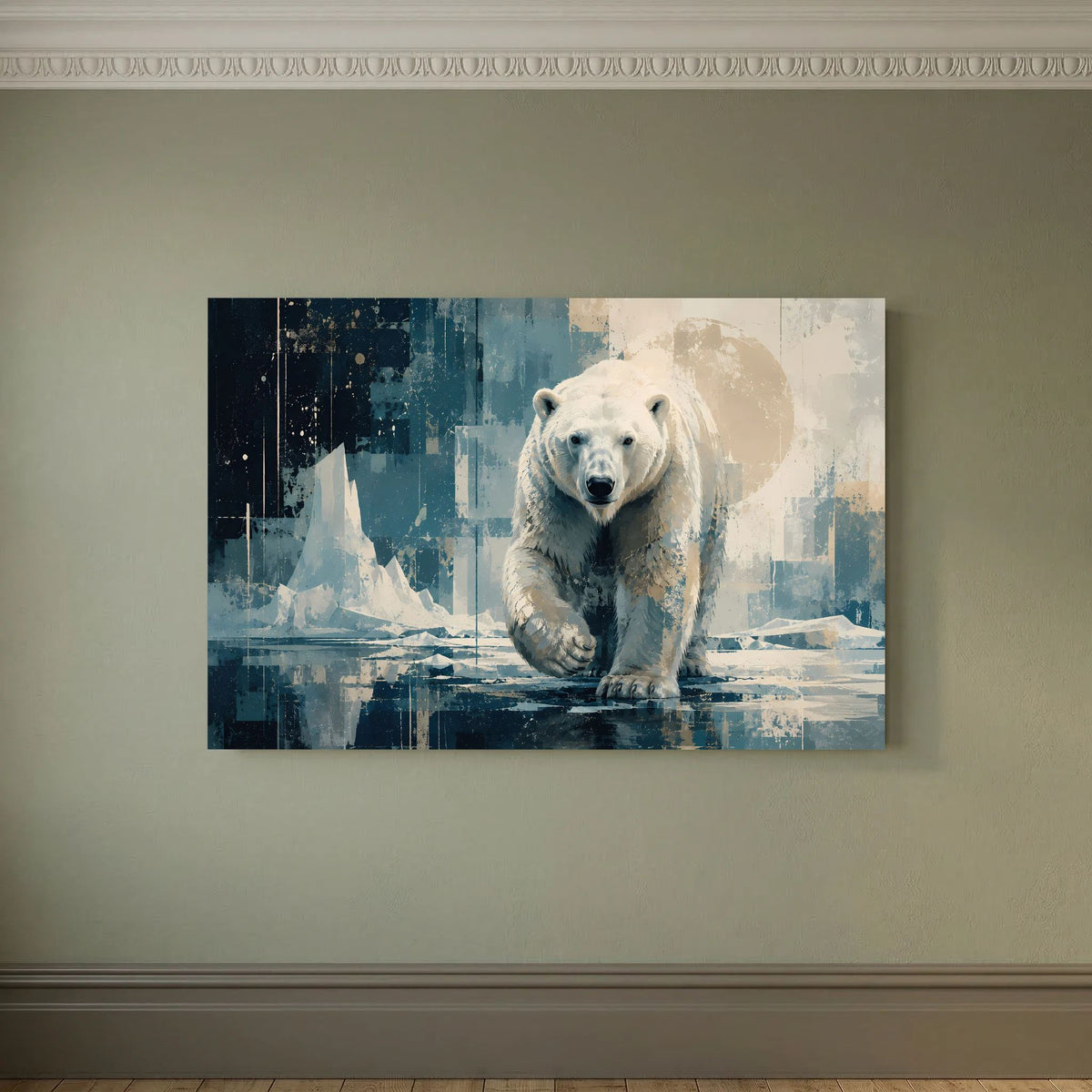 Eisbär-Poster im Querformat mit Blau-Beige-Abstraktbild, ohne Rahmen
