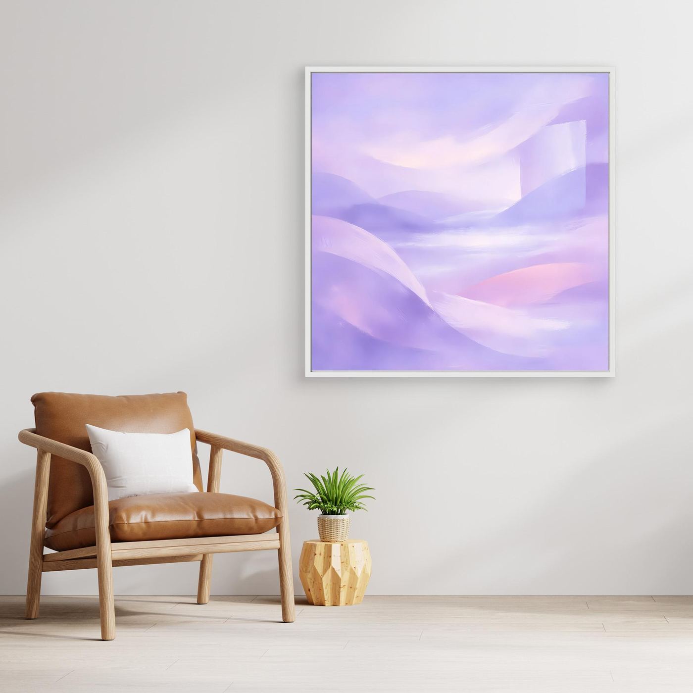 Leinwandbild mit Pastellhügeln in Violett und Rosa, mit weißem Rahmen