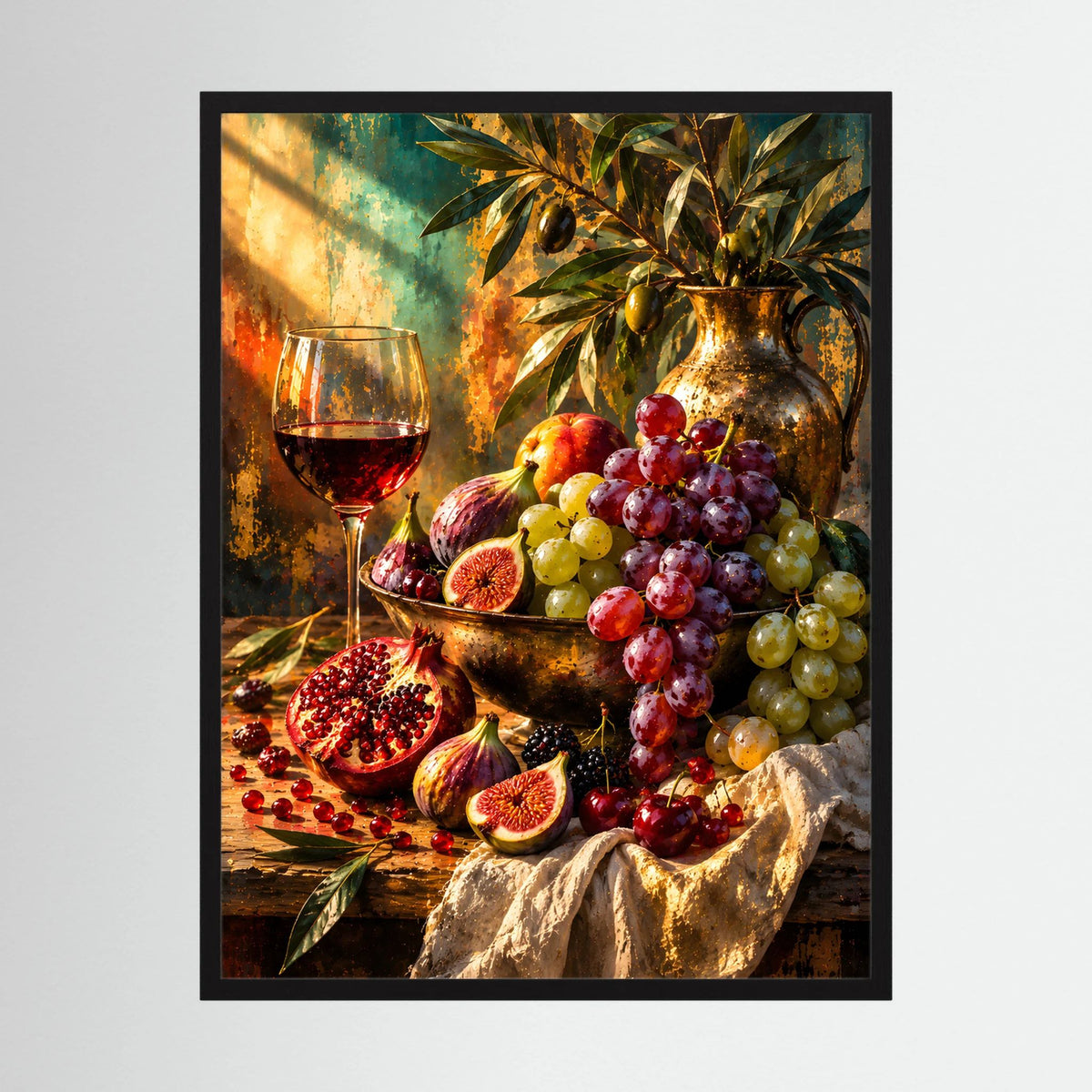 Hochformat-Poster mit Weinrebe, Trauben, Feigen und Granatapfel im Stillleben.