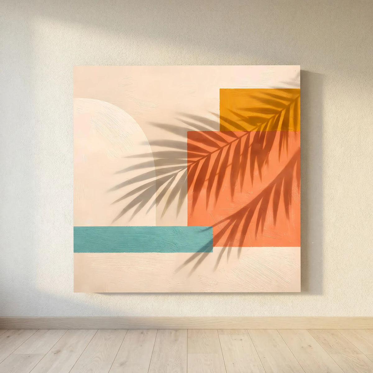 Leinwand Abstrakte Geometrie mit Palmenschatten | Modernes Boho Wandbild Terracotta