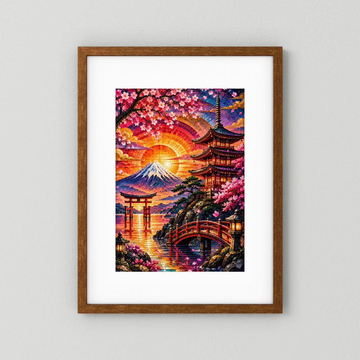 Poster im Hochformat mit braunem Holzrahmen, Mosaik-Landschaft mit Pagode, Sakura und Sonne