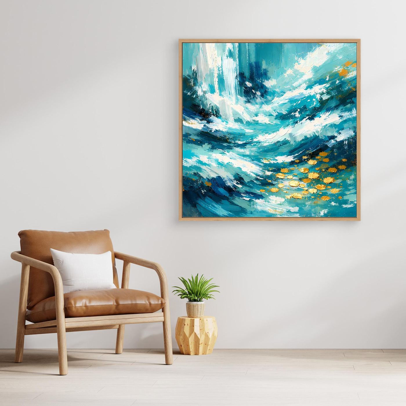 Gerahmtes abstraktes Ozean-Wandbild auf Leinwand mit türkis-blauen Meereswellen und goldenen Akzenten