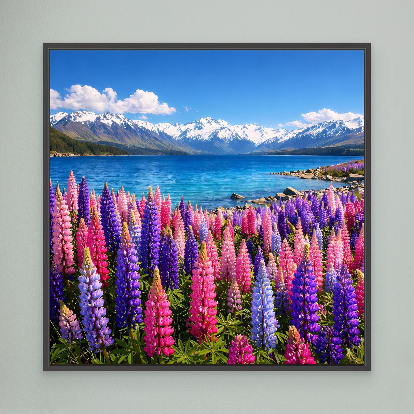 Leinwandbild mit bunten Lupinen am Bergsee, dunkel gerahmt