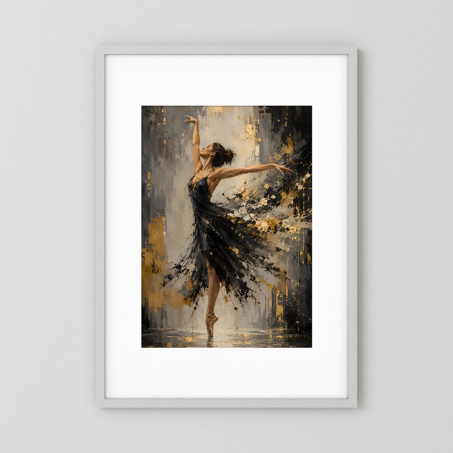 Gerahmter Kunstposter mit Ballerina in Schwarz und Gold im Hochformat