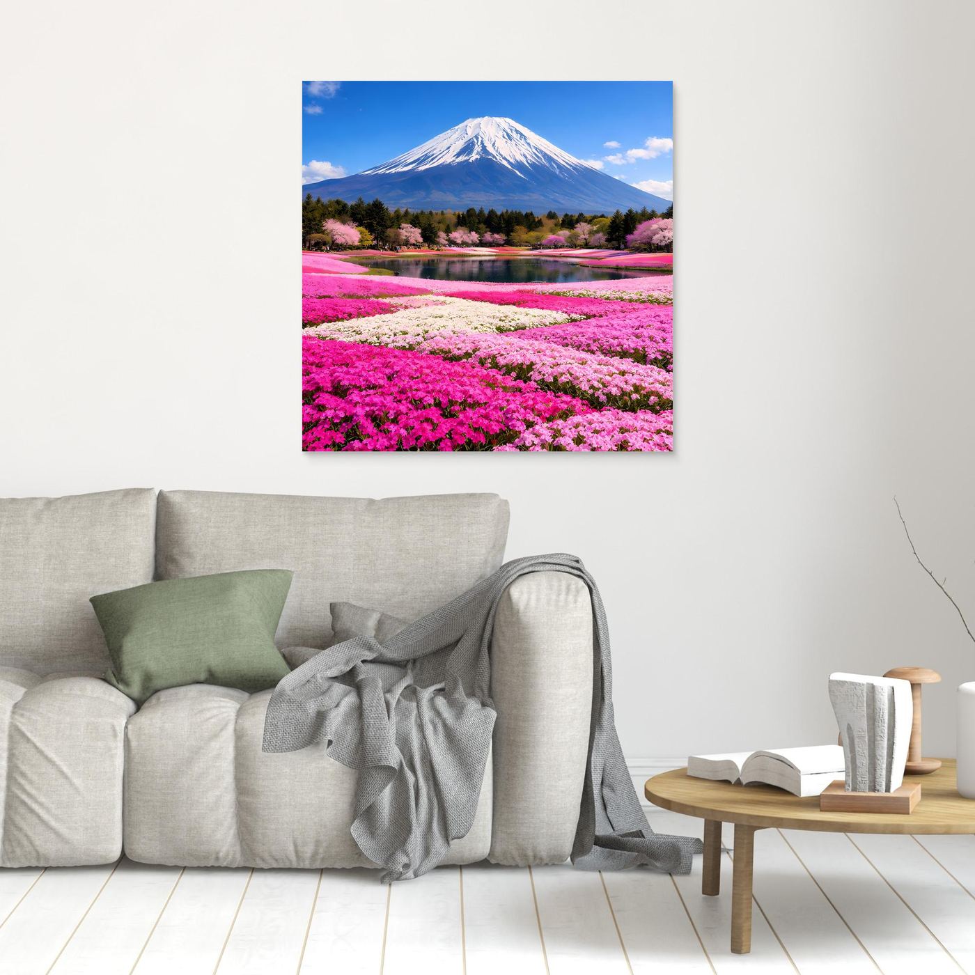 Kleines Leinwandbild mit Berg Fuji und pinken Kirschblüten am See, ohne Rahmen