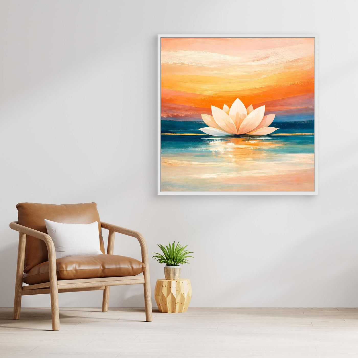 Gerahmtes Leinwandbild mit Lotusblüte im Sonnenuntergang, Spiegelung im Wasser, silberner Rahmen